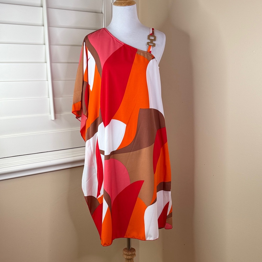 One-Shoulder Abstract Print Tunic Dress in Red, Orange & Brown